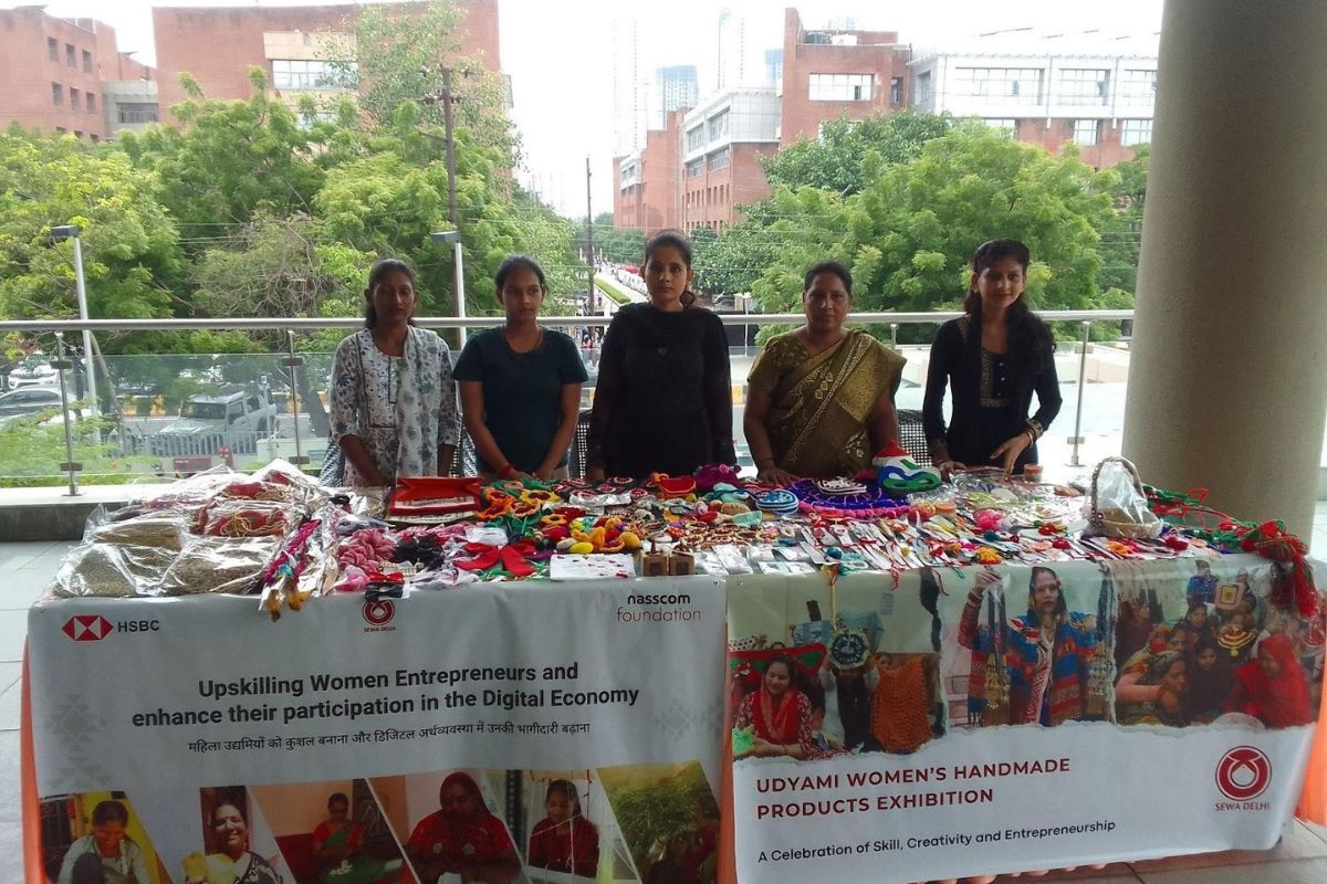 SEWA Delhi Udyami women entrepreneurs displaying handmade products at an exhibition