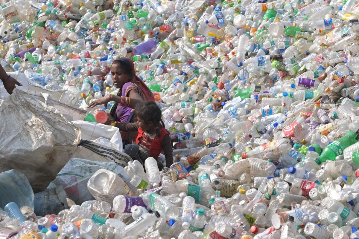 Woman waste recycler collecting and sorting plastic bottles in Delhi
