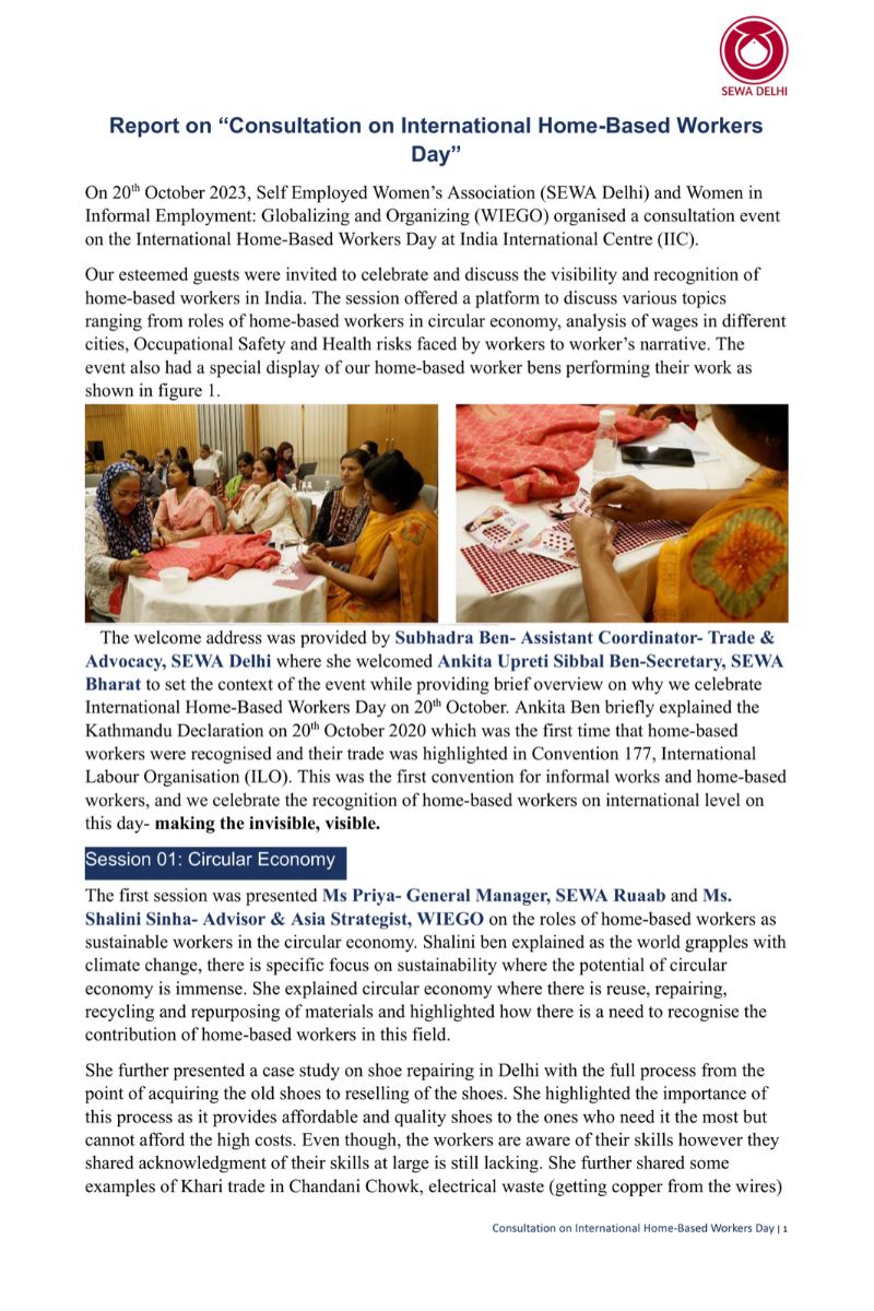 First page of SEWA Delhi’s International Home-Based Workers’ Day consultation report, 20 October 2023.
