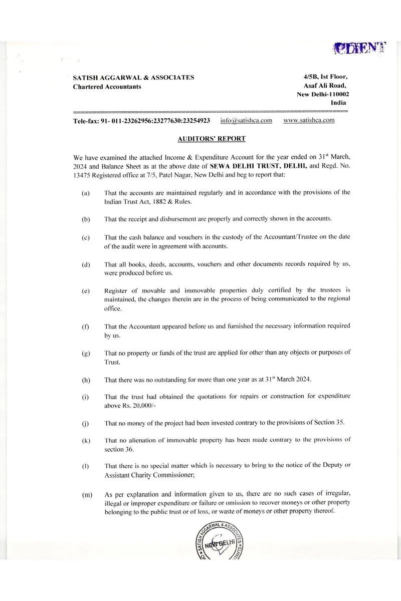 Auditor's report by Satish Aggarwal & Associates on SEWA Delhi Trust's income and expenditure account and balance sheet for the year ended 31 March 2024